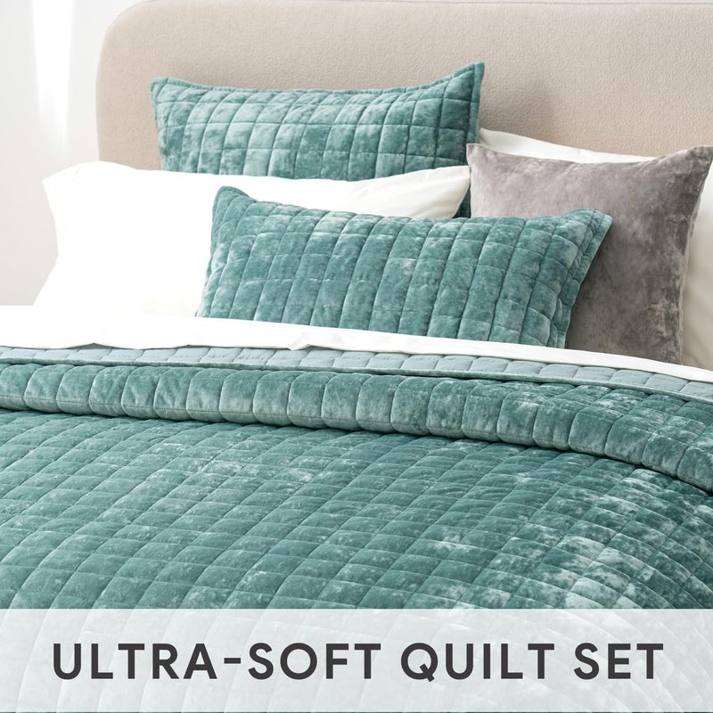 RECYCO Luxury Velvet Quilt Set King Size, Lightweight Velvet Comforter Set, Oversized Bedspread Coverlet Quilted Bedding Set, with 2 Matching Pillow Shams, for All Season, Aqua Green - Image 5