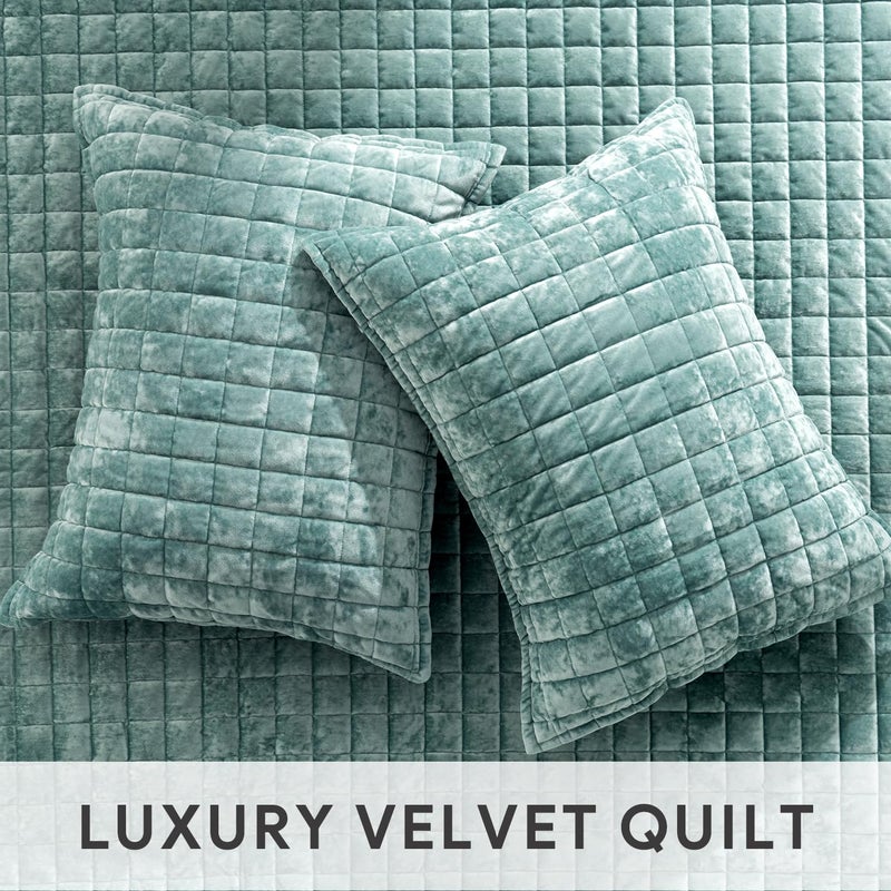 RECYCO Luxury Velvet Quilt Set King Size, Lightweight Velvet Comforter Set, Oversized Bedspread Coverlet Quilted Bedding Set, with 2 Matching Pillow Shams, for All Season, Aqua Green - Image 4