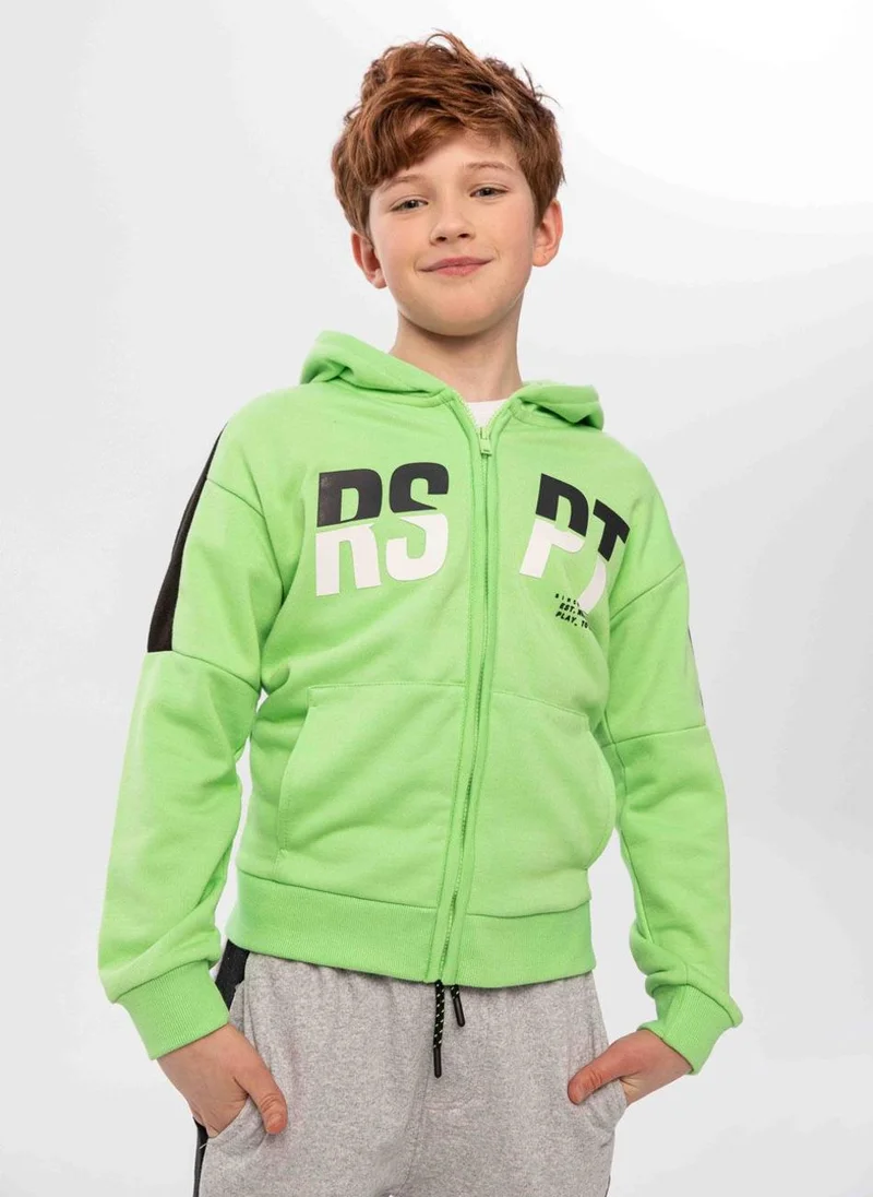 MINOTI Boys fleece zip up hooded with pockets bright green