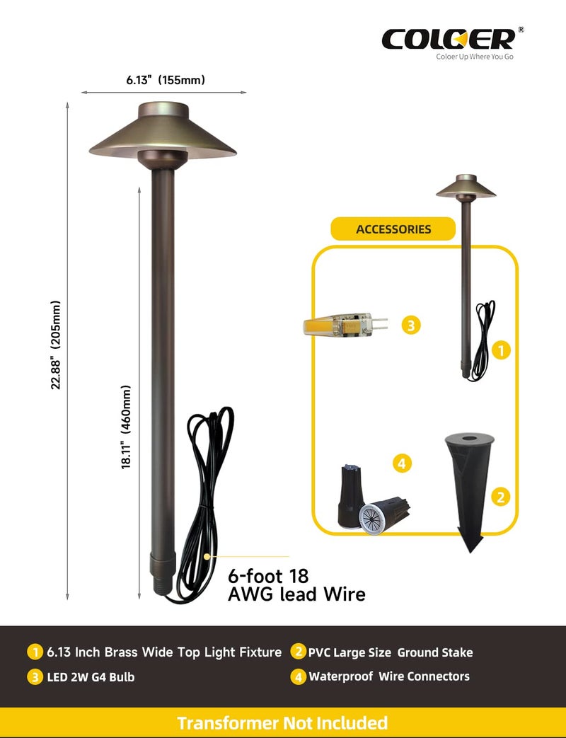 COLOER Brass Low Voltage Pathway Lights Wired 4-Pack with 3W LED G4 Bulb,12V Waterproof China Hat Outdoor Path Lighting for Yard, Patio, Landscape, Planter, Walkway(602B) - Image 4