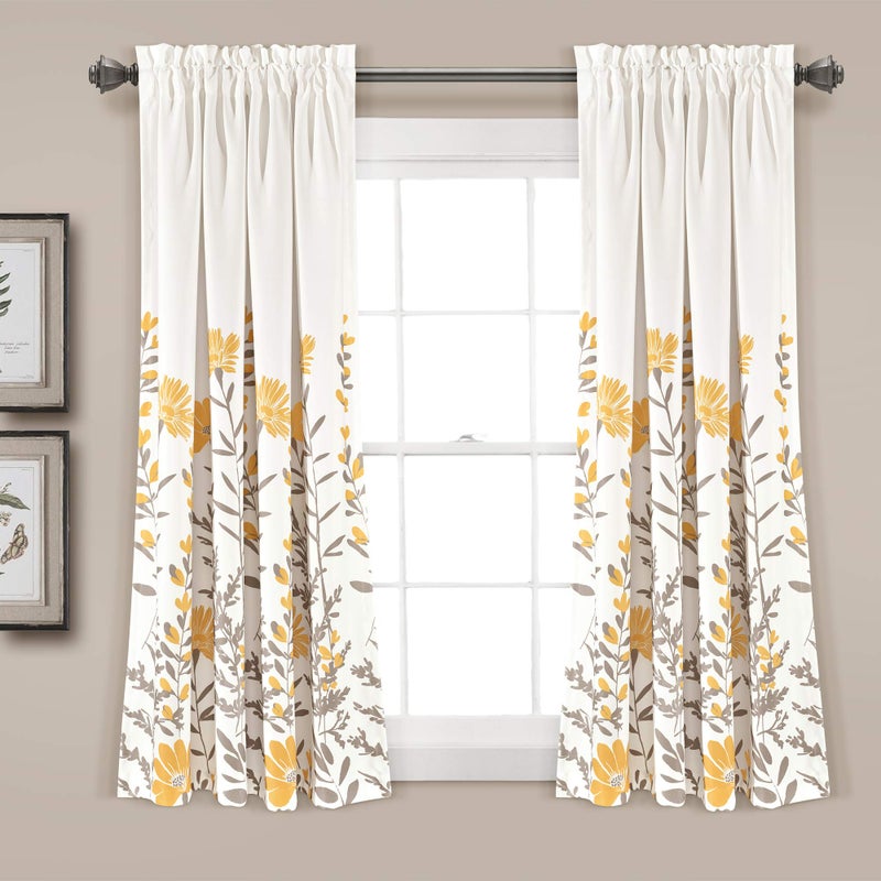 Lush Decor Aprile Light Filtering Window Curtain Panels  Pair  52"" W x 63"" L  Yellow & Gray - Floral Curtains - Pretty Yellow Flower Print - Cottage  French Country & Farmhouse Window Decor
