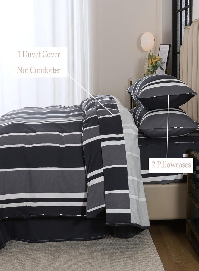 فادفاي طقم غطاء لحاف مخطط باللونين الأسود والرمادي من فادفاي، مقاس كوين - مصنوع من القطن المصقول 100%، مزود بسحاب وأربطة زاوية، 3 قطع لفصل الشتاء - Image 3