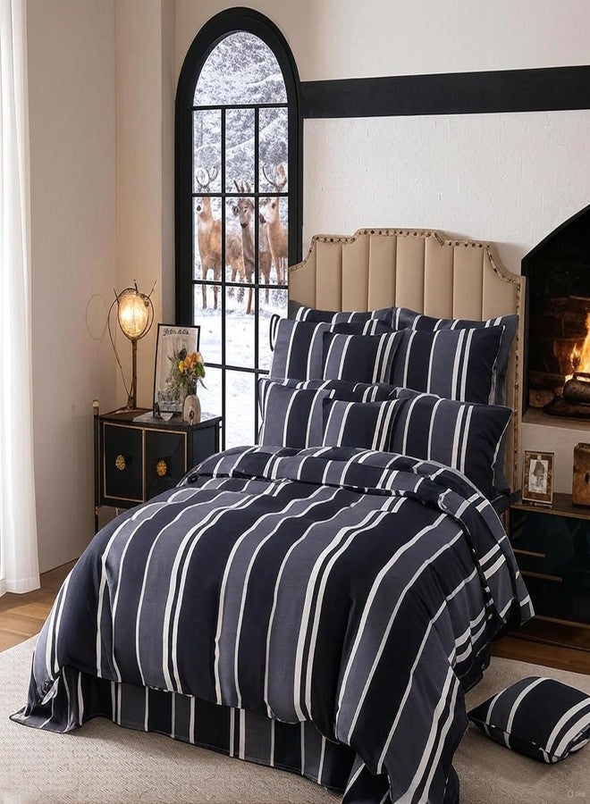 فادفاي طقم غطاء لحاف مخطط باللونين الأسود والرمادي من فادفاي، مقاس كوين - مصنوع من القطن المصقول 100%، مزود بسحاب وأربطة زاوية، 3 قطع لفصل الشتاء - Image 1