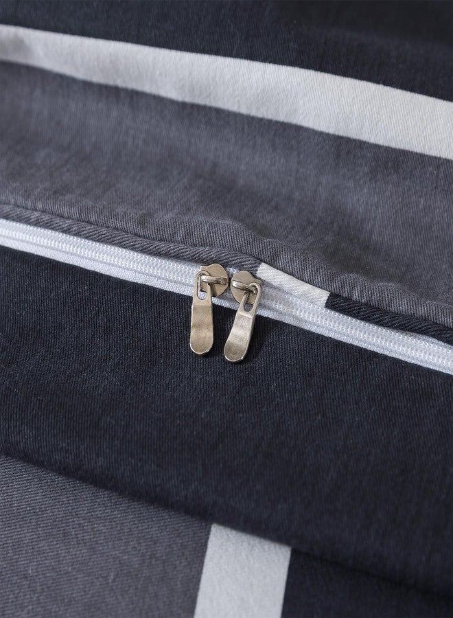 فادفاي طقم غطاء لحاف مخطط باللونين الأسود والرمادي من فادفاي، مقاس كوين - مصنوع من القطن المصقول 100%، مزود بسحاب وأربطة زاوية، 3 قطع لفصل الشتاء - Image 5