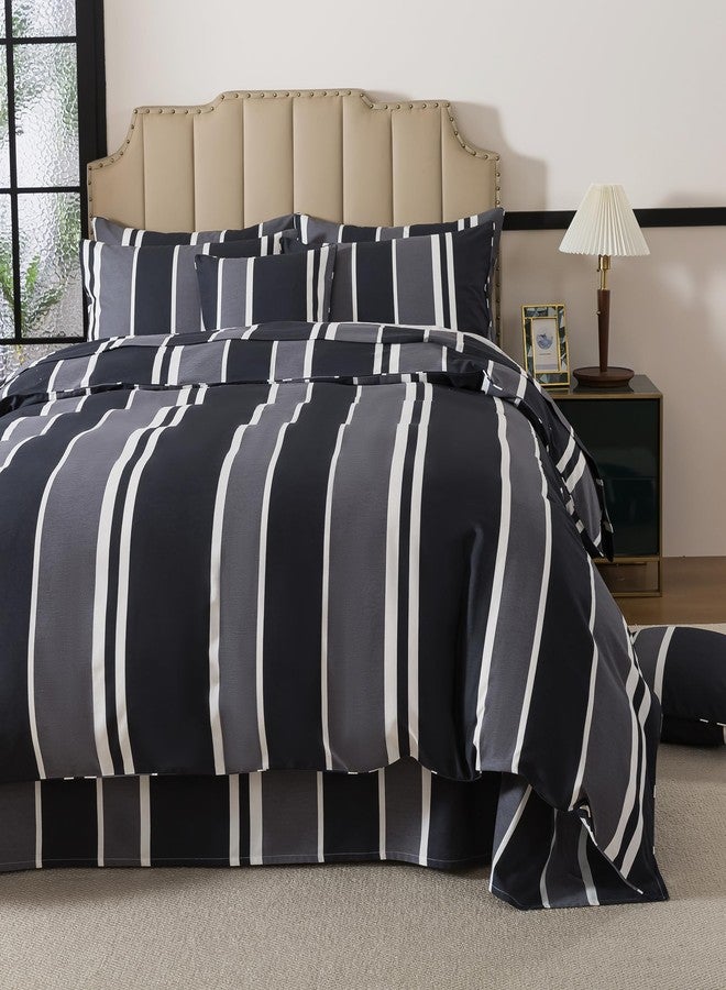 فادفاي طقم غطاء لحاف مخطط باللونين الأسود والرمادي من فادفاي، مقاس كوين - مصنوع من القطن المصقول 100%، مزود بسحاب وأربطة زاوية، 3 قطع لفصل الشتاء - Image 2