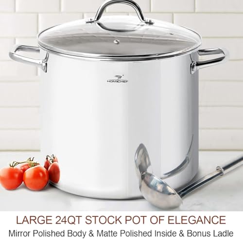 HOMICHEF LARGE STOCK POT 24 Quart With Lid - Nickel Free Stainless Steel Cookware Stockpot 24 Quart - Healthy Cookware Polished Stockpots - Heavy Duty Induction Pot Soup Pot With Lid - Image 2