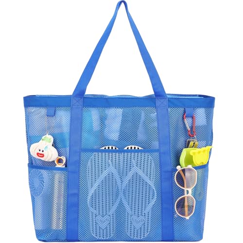 Fammart Mesh Beach Bag with Zipper, Large Beach Tote for Women, Toys Pool Swim Bag Travel Vacation Cruise Essentials, Large, Zipper Closure - Blue - Image 1
