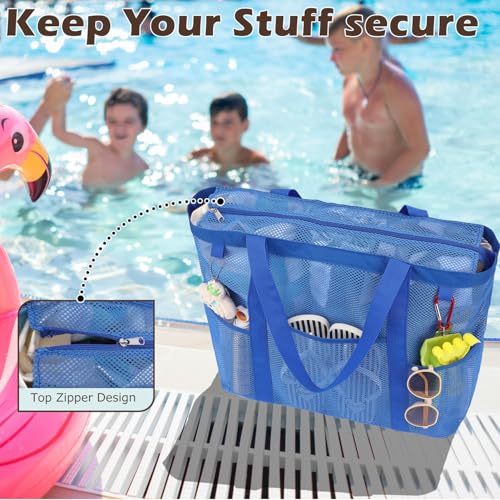 Fammart Mesh Beach Bag with Zipper, Large Beach Tote for Women, Toys Pool Swim Bag Travel Vacation Cruise Essentials, Large, Zipper Closure - Blue - Image 5