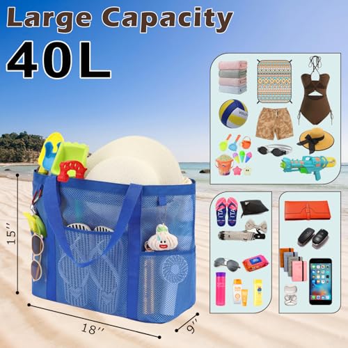 Fammart Mesh Beach Bag with Zipper, Large Beach Tote for Women, Toys Pool Swim Bag Travel Vacation Cruise Essentials, Large, Zipper Closure - Blue - Image 3