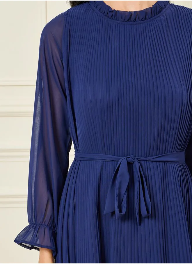 Styli Pleated High Neck A-Line Maxi Dress