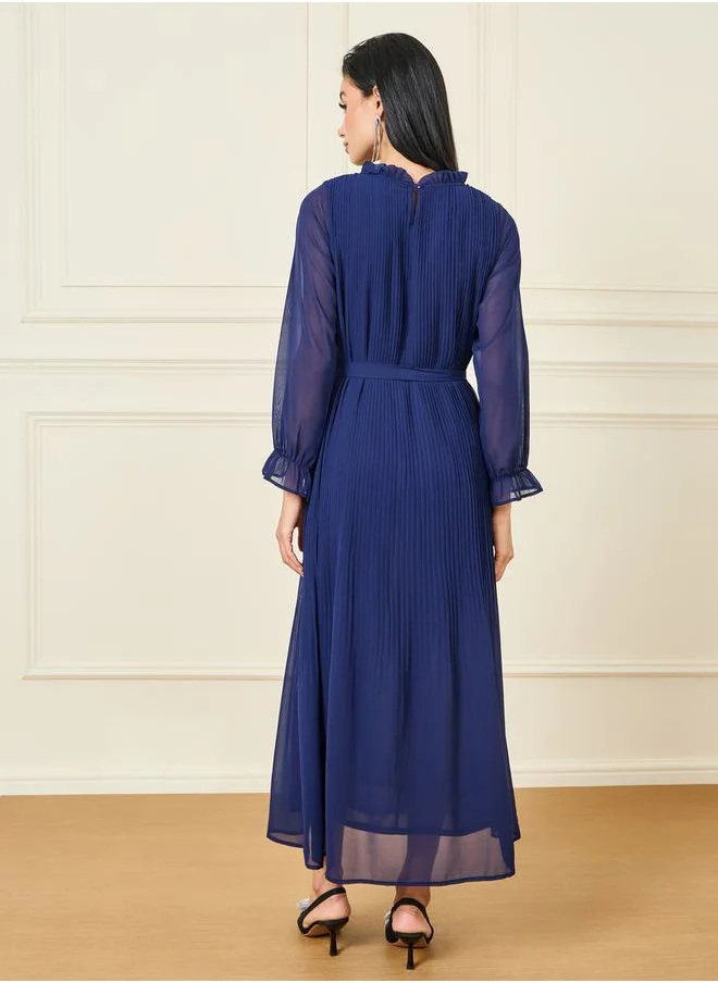 Styli Pleated High Neck A-Line Maxi Dress