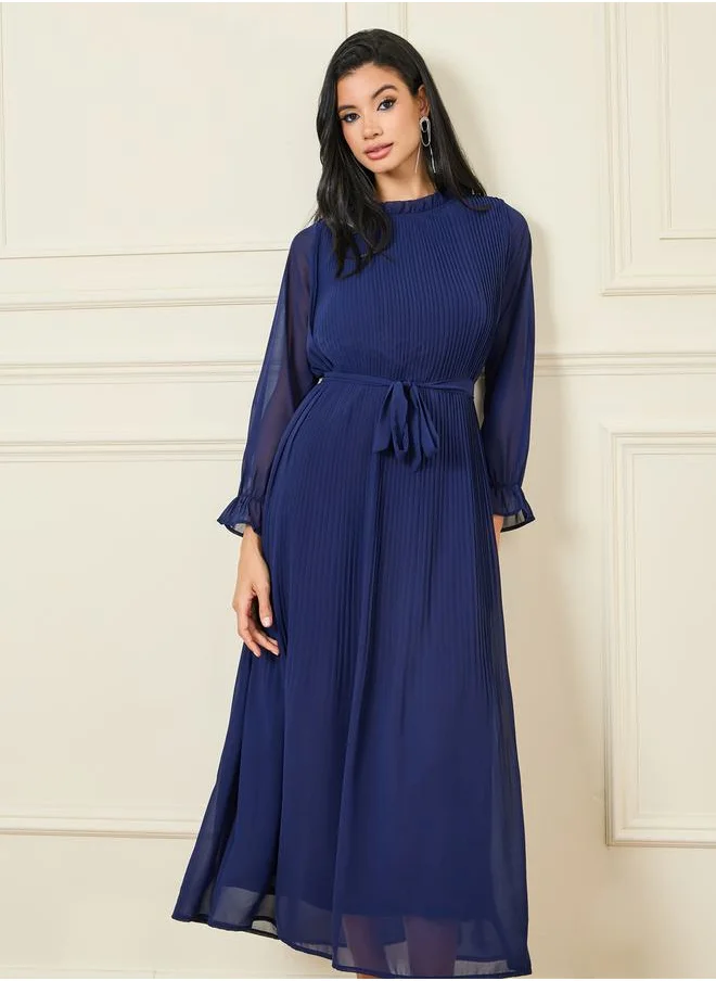 Styli Pleated High Neck A-Line Maxi Dress