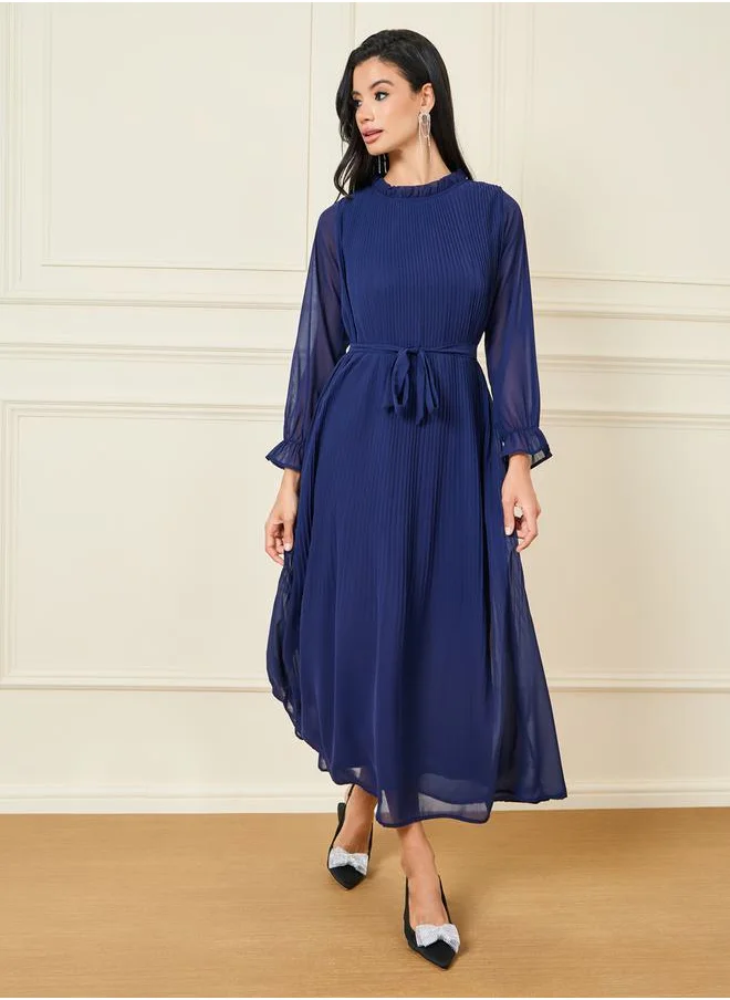 Styli Pleated High Neck A-Line Maxi Dress