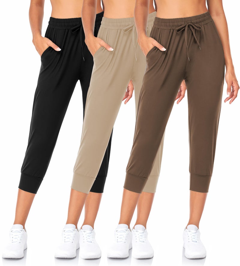 FULLSOFT 3 Pack Capri Sweatpants for Women-Womens Joggers with Pockets Athletic Leggings for Workout Yoga Running(Capri-Black,Coca Moncha,Light Khaki,Small) - Image 1