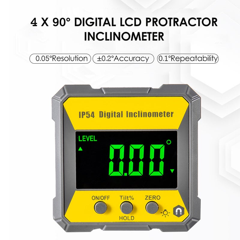 المقياس الزاوي الرقمي الأصفر والرمادي - دقة عالية 0.2 درجة - نطاق 4 × 90 درجة - مقياس زاوي رقمي محمول مغناطيسي مع شاشة LCD للنجارة وإصلاح السيارات والتعدين - Image 3