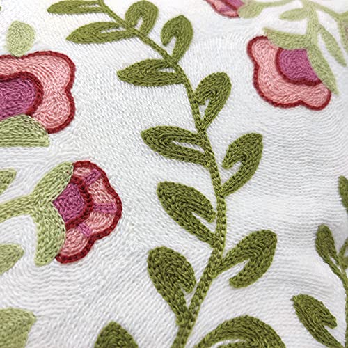 Alysheer Floral Embroidered Summer Decorative Throw Pillow Covers 18"x 18" Set of 2, Farmhouse Cottage Pink Flowers Green Leaves Knit Pattern Cotton Canvas Cushion Case for Sofa Couch Bed Living Room - Image 2