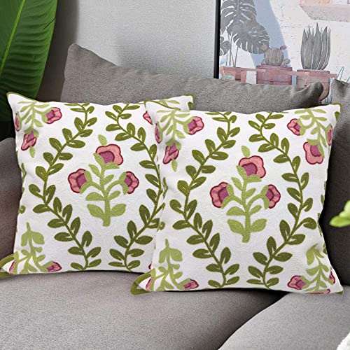 Alysheer Floral Embroidered Summer Decorative Throw Pillow Covers 18"x 18" Set of 2, Farmhouse Cottage Pink Flowers Green Leaves Knit Pattern Cotton Canvas Cushion Case for Sofa Couch Bed Living Room - Image 4