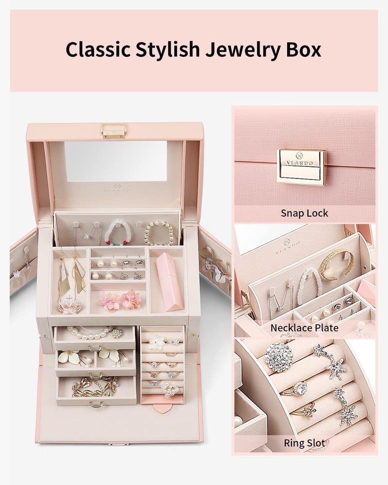 Vlando Jewelry Box Organizer for Girls Women, Large Baroque Jewelry Storage Box with Mirror, Drawers for Bracelets, Earrings, Rings, Necklaces, Mothers Day Difts for Loved One, Pink - Image 5
