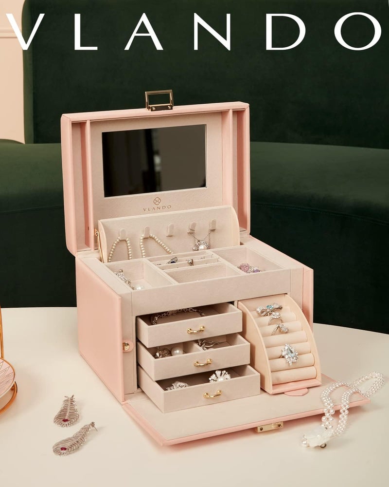 Vlando Jewelry Box Organizer for Girls Women, Large Baroque Jewelry Storage Box with Mirror, Drawers for Bracelets, Earrings, Rings, Necklaces, Mothers Day Difts for Loved One, Pink - Image 2