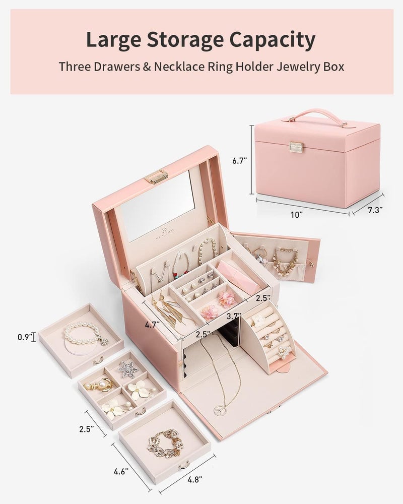 Vlando Jewelry Box Organizer for Girls Women, Large Baroque Jewelry Storage Box with Mirror, Drawers for Bracelets, Earrings, Rings, Necklaces, Mothers Day Difts for Loved One, Pink - Image 3