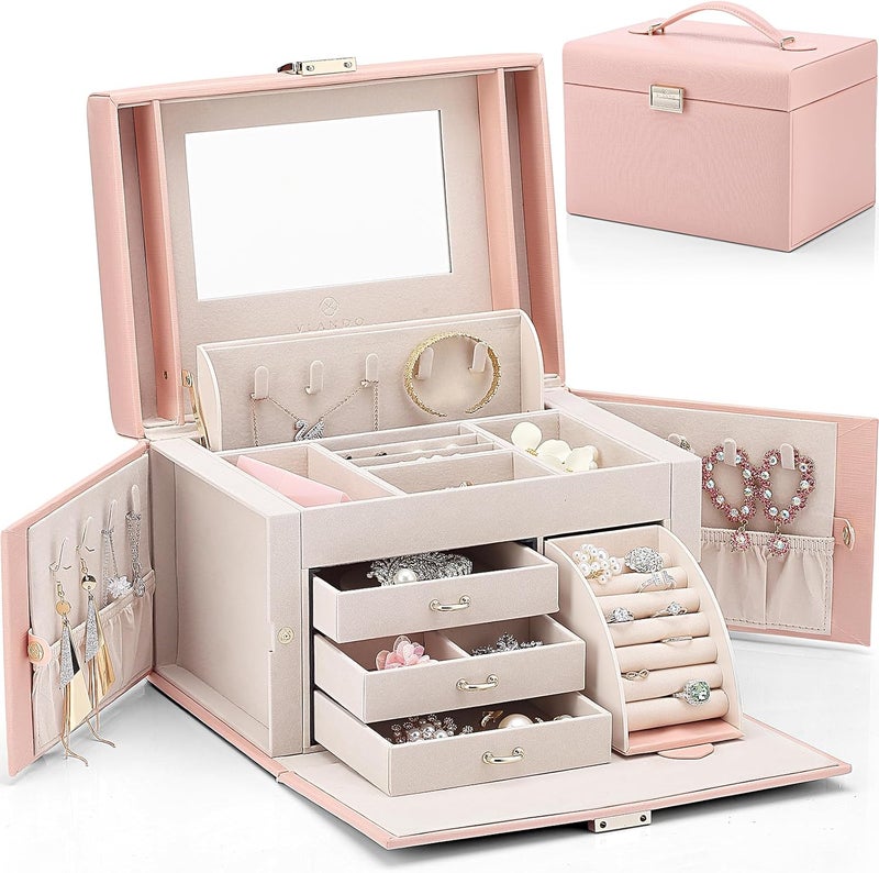 Vlando Jewelry Box Organizer for Girls Women, Large Baroque Jewelry Storage Box with Mirror, Drawers for Bracelets, Earrings, Rings, Necklaces, Mothers Day Difts for Loved One, Pink - Image 1