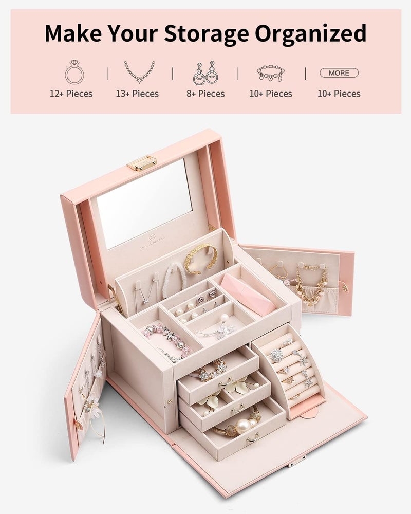 Vlando Jewelry Box Organizer for Girls Women, Large Baroque Jewelry Storage Box with Mirror, Drawers for Bracelets, Earrings, Rings, Necklaces, Mothers Day Difts for Loved One, Pink - Image 4