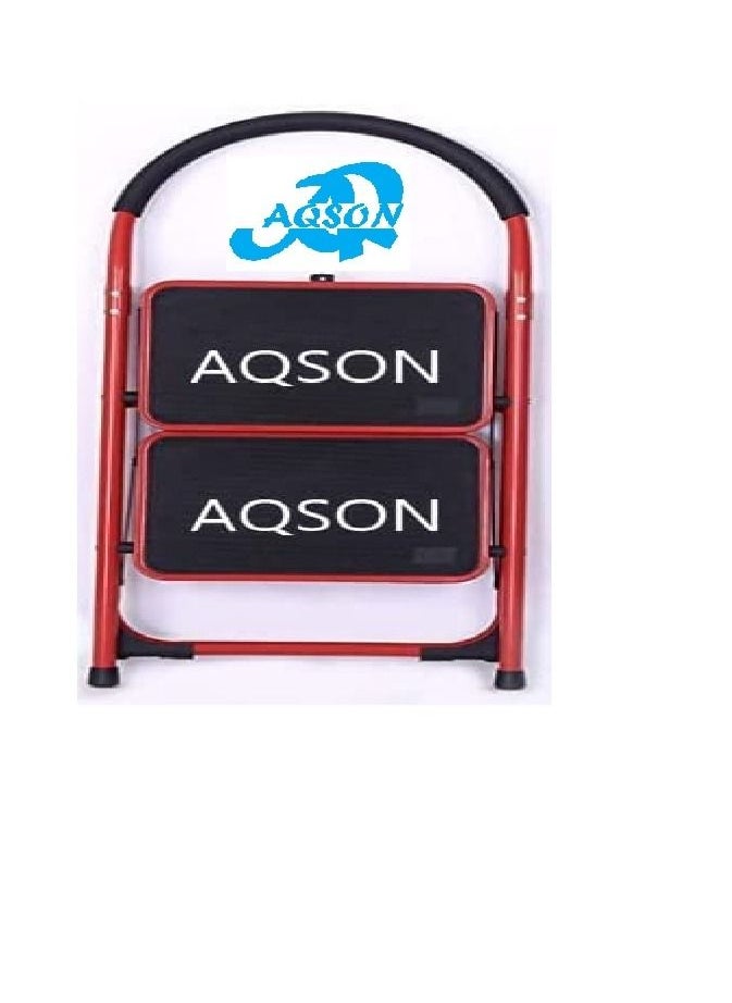 AQSON Steel 2 Step Ladder Folding Stool, Foldable Step Ladder with Rubber Handgrip and Non Slip Treads, 330lbs Capacity Ladder for Kitchen Red, 2_S