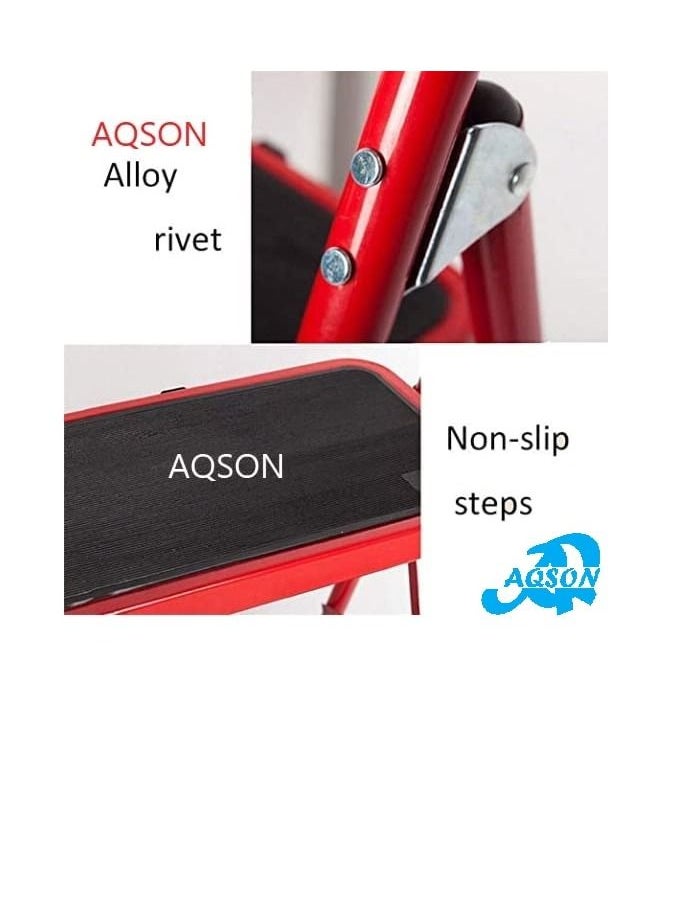 AQSON Steel 2 Step Ladder Folding Stool, Foldable Step Ladder with Rubber Handgrip and Non Slip Treads, 330lbs Capacity Ladder for Kitchen Red, 2_S