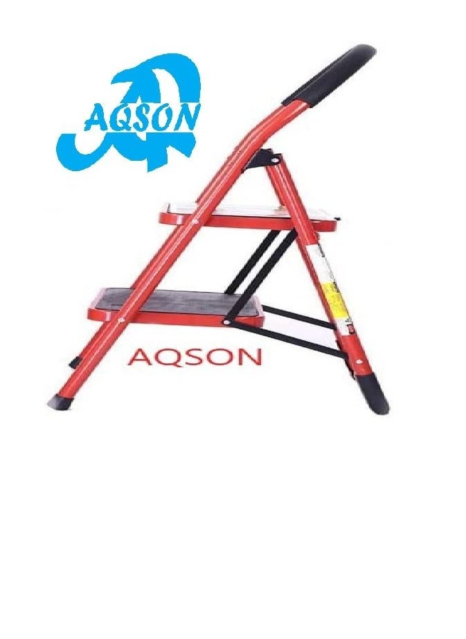 AQSON Steel 2 Step Ladder Folding Stool, Foldable Step Ladder with Rubber Handgrip and Non Slip Treads, 330lbs Capacity Ladder for Kitchen Red, 2_S