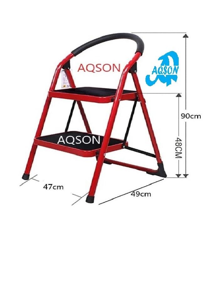 AQSON Steel 2 Step Ladder Folding Stool, Foldable Step Ladder with Rubber Handgrip and Non Slip Treads, 330lbs Capacity Ladder for Kitchen Red, 2_S