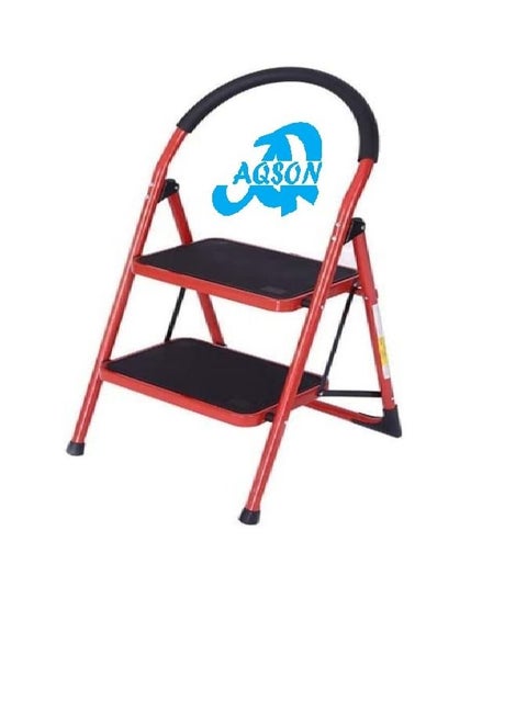 AQSON Steel 2 Step Ladder Folding Stool, Foldable Step Ladder with Rubber Handgrip and Non Slip Treads, 330lbs Capacity Ladder for Kitchen Red, 2_S