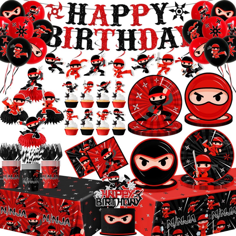 Bezkega Ninja Birthday Party Decorations Tableware,193pcs Ninja Warrior Party Decorations Plates and Napkins Cups Tablecloths,Cake Topper,Balloon for Ninja Party Supplies,Serves 24 - Image 1