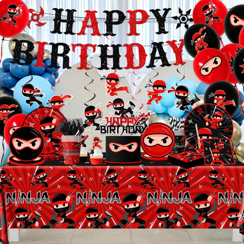Bezkega Ninja Birthday Party Decorations Tableware,193pcs Ninja Warrior Party Decorations Plates and Napkins Cups Tablecloths,Cake Topper,Balloon for Ninja Party Supplies,Serves 24 - Image 3