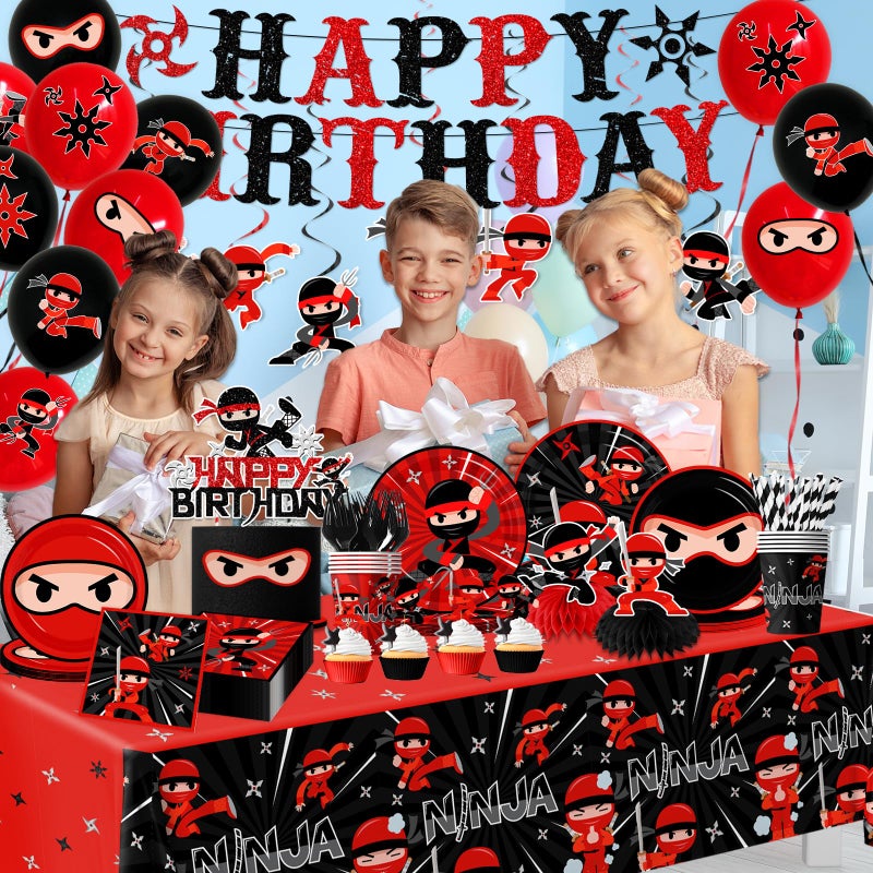 Bezkega Ninja Birthday Party Decorations Tableware,193pcs Ninja Warrior Party Decorations Plates and Napkins Cups Tablecloths,Cake Topper,Balloon for Ninja Party Supplies,Serves 24 - Image 2