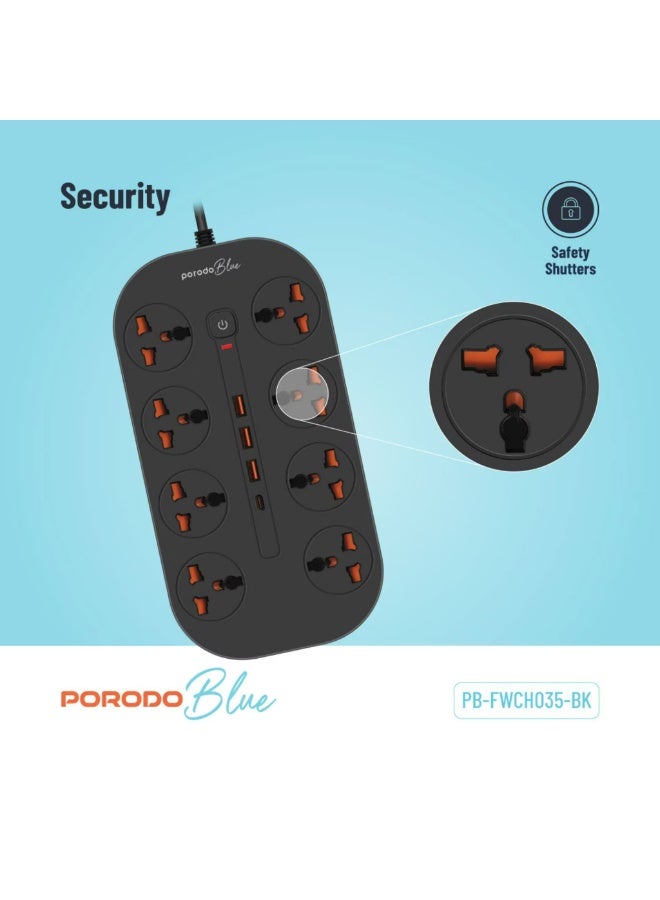 porodo Blue 8AC Universal Power Strip with Premium Materials, Safety Shutters, 13A Maximum Current, 3m Cable Length - Black - Image 5