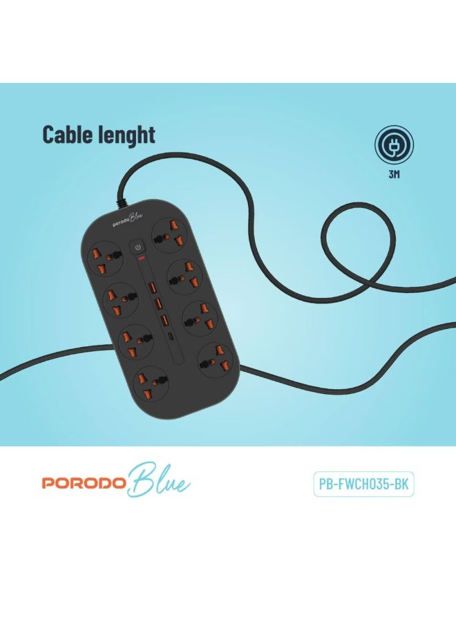 porodo Blue 8AC Universal Power Strip with Premium Materials, Safety Shutters, 13A Maximum Current, 3m Cable Length - Black - Image 4