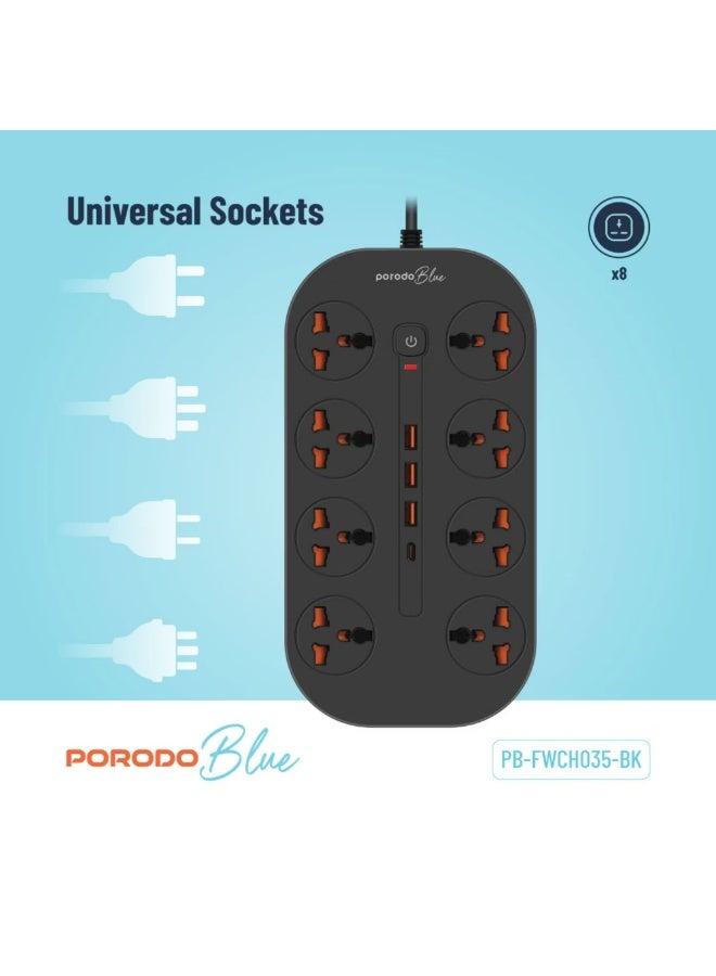 porodo Blue 8AC Universal Power Strip with Premium Materials, Safety Shutters, 13A Maximum Current, 3m Cable Length - Black - Image 3