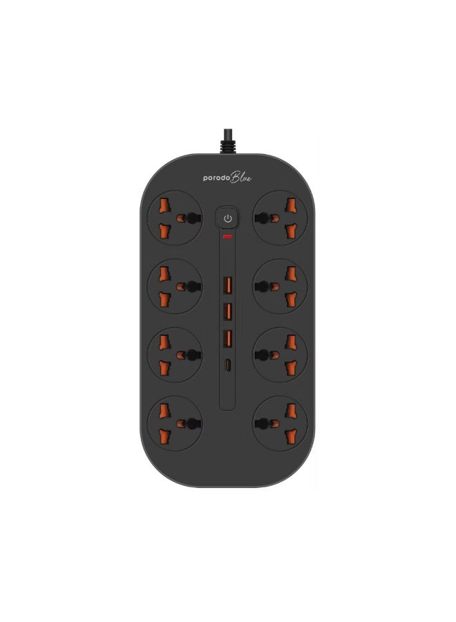 porodo Blue 8AC Universal Power Strip with Premium Materials, Safety Shutters, 13A Maximum Current, 3m Cable Length - Black - Image 1
