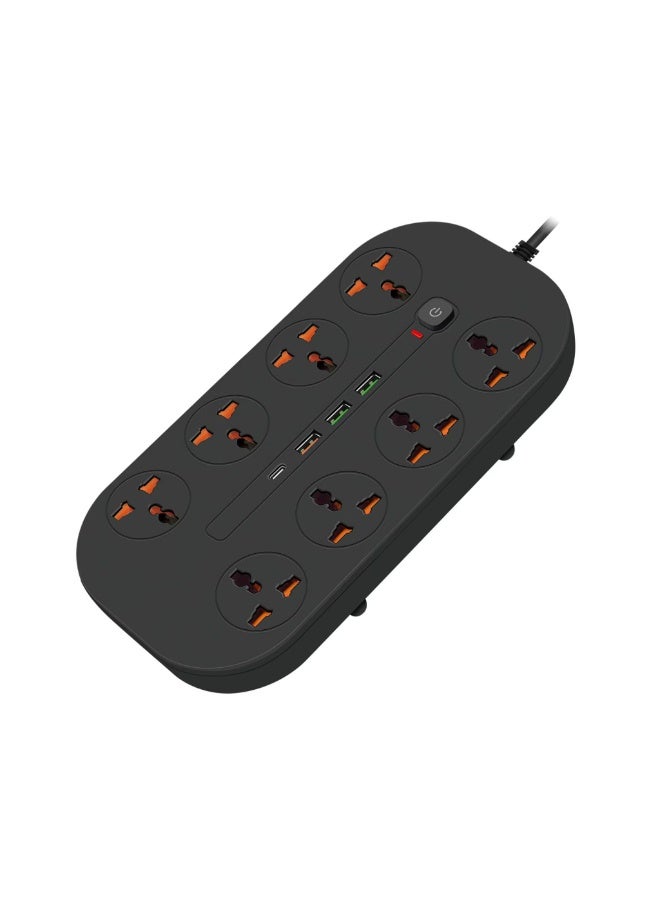 porodo Blue 8AC Universal Power Strip with Premium Materials, Safety Shutters, 13A Maximum Current, 3m Cable Length - Black - Image 2