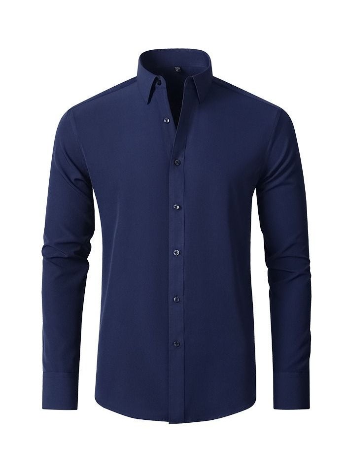 Loquat - Stretch Non-Iron Anti-Wrinkle Shirt, Men Long Sleeve Button Wrinkle Free Slim Fit Business Shirt Navy Blue - Image 1