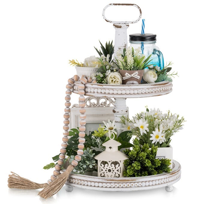 TWO TIERED TRAY STAND FARMHOUSE 2 TIER EASTER DECORATIVE TRAYS WHITE ROUND SERVING WOOD FOR HOME DECOR LIVING ROOM COFFEE TABLE CENTERPIECES KITCHEN GIFT