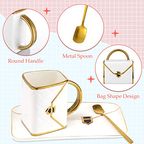 Sliner 4 Sets Coffee Mug Handbag Shaped Ceramic Tea Cup with Saucer Spoon 10 Oz/ 310 ml Purse Gift Mug for Office Home Coffee Tea Hot Chocolate Cappuccino(Classic) - Image 3