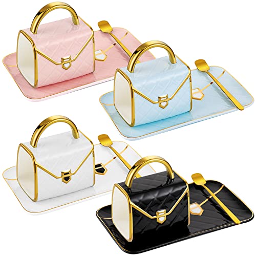 Sliner 4 Sets Coffee Mug Handbag Shaped Ceramic Tea Cup with Saucer Spoon 10 Oz/ 310 ml Purse Gift Mug for Office Home Coffee Tea Hot Chocolate Cappuccino(Classic) - Image 1