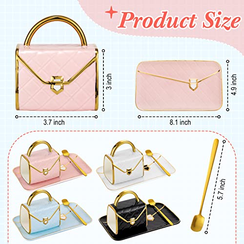 Sliner 4 Sets Coffee Mug Handbag Shaped Ceramic Tea Cup with Saucer Spoon 10 Oz/ 310 ml Purse Gift Mug for Office Home Coffee Tea Hot Chocolate Cappuccino(Classic) - Image 2
