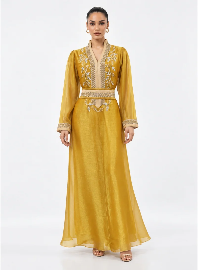 Aara Women's Mustard Yellow Abaya with White Floral Embroidery and Decorative Belt