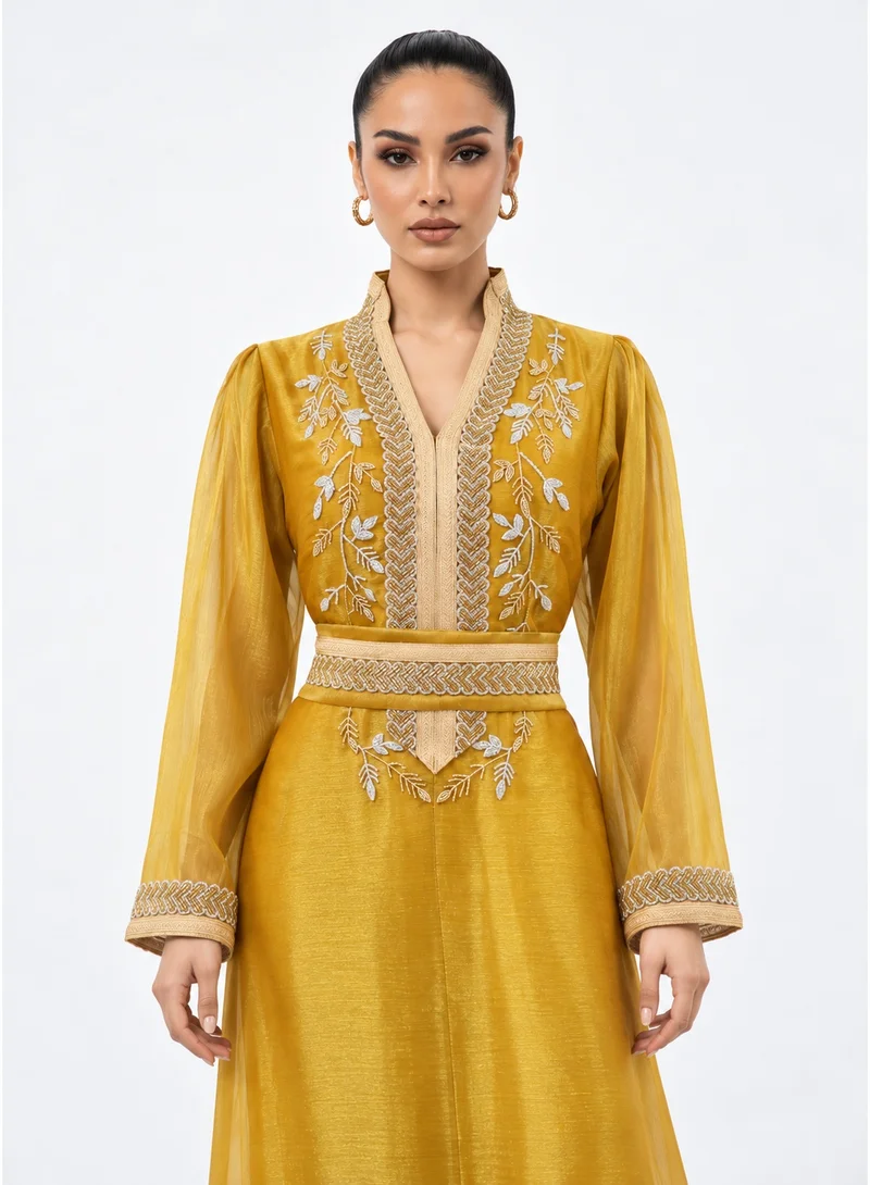 Aara Women's Mustard Yellow Abaya with White Floral Embroidery and Decorative Belt