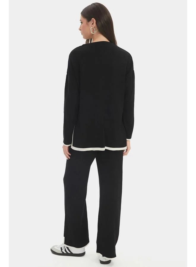 جون June Women Wide Fit Knitwear Sweater Trousers Set Black - Ecru