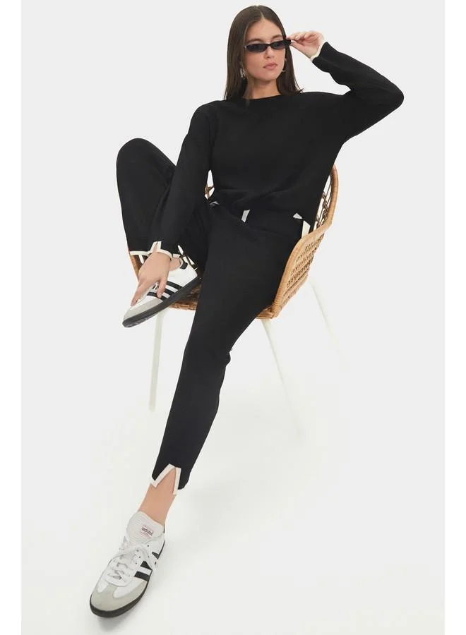 جون June Women Wide Fit Knitwear Sweater Trousers Set Black - Ecru