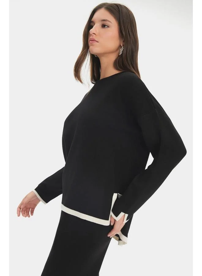 جون June Women Wide Fit Knitwear Sweater Trousers Set Black - Ecru
