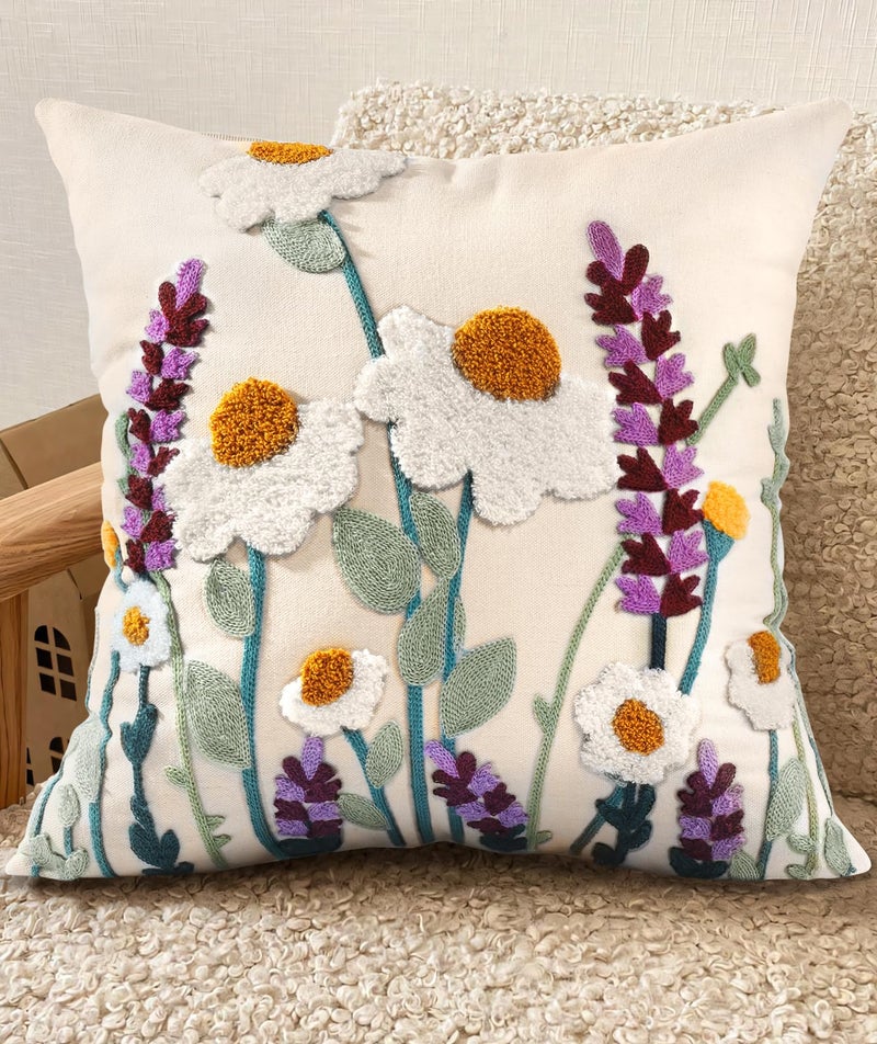 Kokaaee Embroidered Throw Pillow Cover 18x18 Decorative Pillow Cover with Zipper Aesthetic Cute Design Boho Spring Summer Throw Pillowcase for Living Room Couch Sofa Bed Wild Floral - Image 2